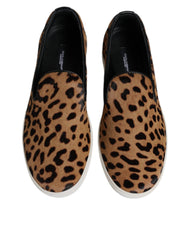 Dolce & Gabbana Brown Calfskin Fur Leopard Sneakers Shoes