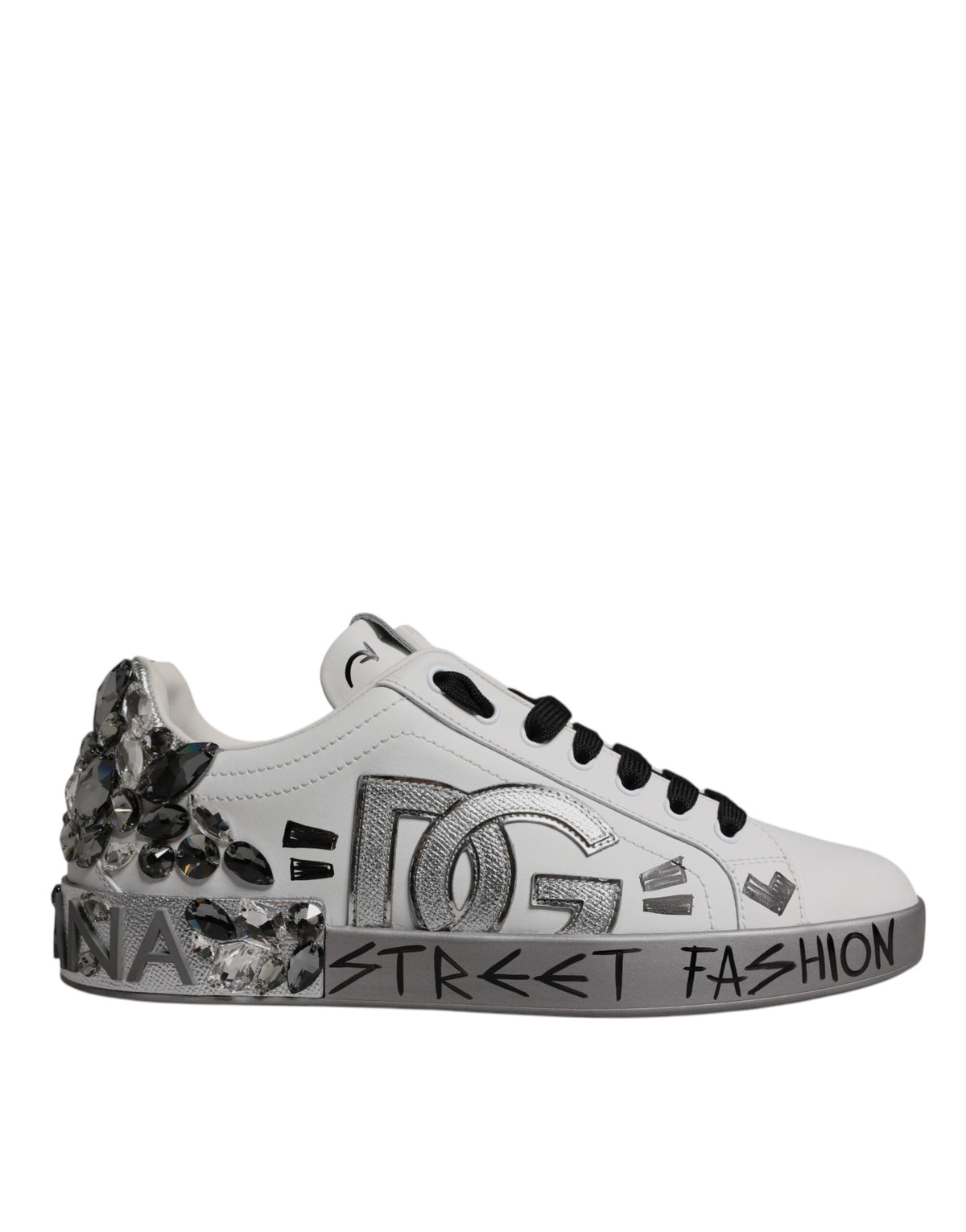 Dolce & Gabbana White Silver Crystal Logo Portofino Sneakers Shoes