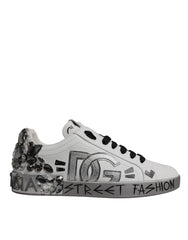 Dolce & Gabbana White Silver Crystal Logo Portofino Sneakers Shoes