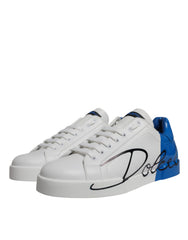 Dolce & Gabbana White Blue Leather Logo Low Top Sneakers Shoes