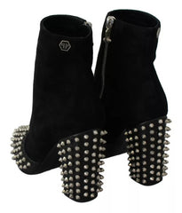 Philipp Plein Black Suede Studded Heels Ankle Boots Shoes