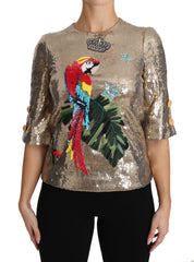 Dolce & Gabbana Gold Parrot Motif Crewneck Blouse with Crystals