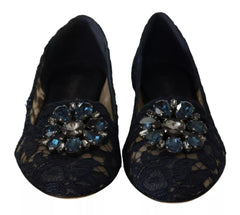 Dolce & Gabbana Blue Crystal Loafer Lace Ballet Flats Shoes