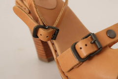 See By Chloé Brown Leather Studded Ankle Strap Sandals Shoes