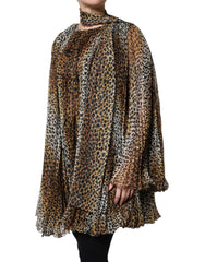 Dolce & Gabbana Brown Leopard Print Scarf Collared Chiffon Dress