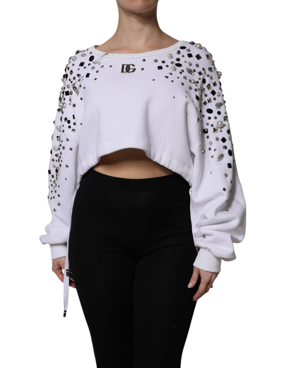 Dolce & Gabbana White Embellished Long Sleeve Cropped Sweater