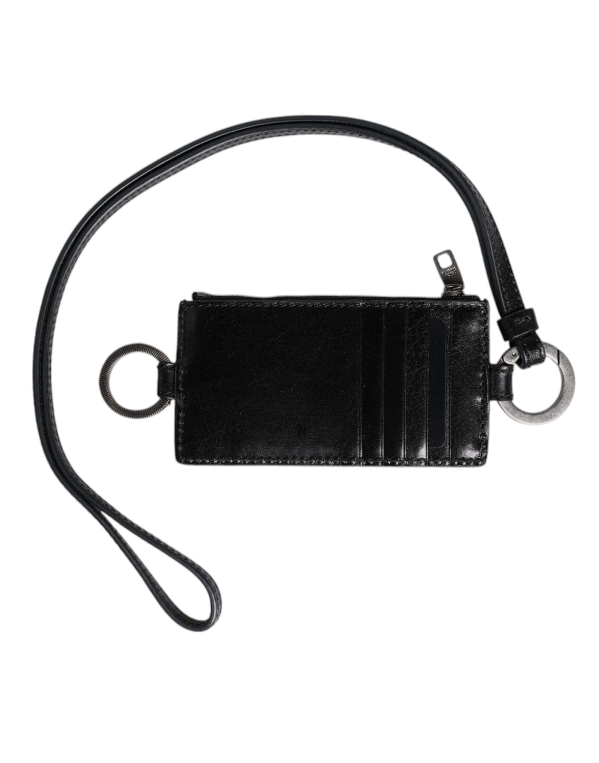 Dolce & Gabbana Black Leather Logo Embossed Lanyard Card Holder Wallet