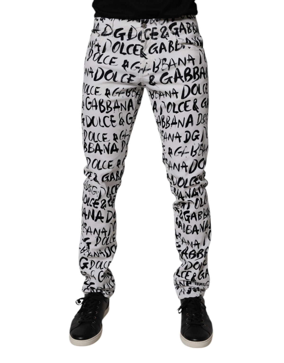Dolce & Gabbana White Cotton Logo Print Skinny Denim Jeans