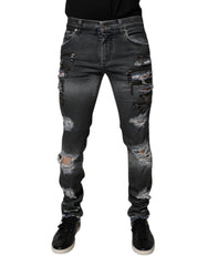 Dolce & Gabbana Dark Gray Tattered Cotton Skinny Denim Jeans