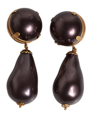 Dolce & Gabbana Gold Brass Black Pearl Clip On Dangling Jewelry Earrings