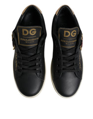 Dolce & Gabbana Black Leather Gold Red Heart Sneakers Shoes