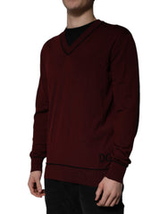 Dolce & Gabbana Maroon Cashmere V-neck Men Pullover Sweater