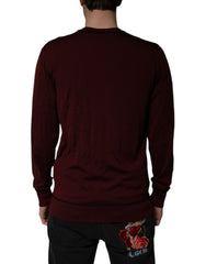 Dolce & Gabbana Maroon Cashmere V-neck Men Pullover Sweater
