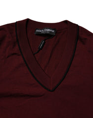 Dolce & Gabbana Maroon Cashmere V-neck Men Pullover Sweater