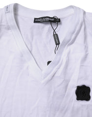 Dolce & Gabbana White Cotton Logo Patch V-neck Tee T-shirt