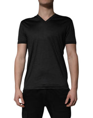 Dolce & Gabbana Dark Gray Silk V-neck Short Sleeves T-shirt