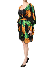Dolce & Gabbana Black Silk Pineapple Draped Print Wrap Dress