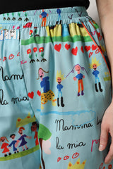 Dolce & Gabbana Light Blue Drawing Mid Waist Wide Leg Pants