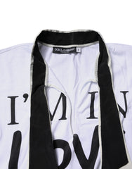 Dolce & Gabbana White Cotton Silk Blend Ascot Collar T-shirt