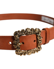 Dolce & Gabbana Brown Leather Gold Metal Baroque Buckle Belt