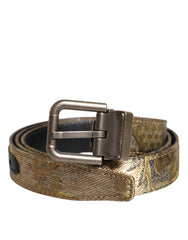 Dolce & Gabbana Gold Leather Jacquard Silver Metal Buckle Belt
