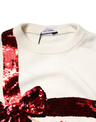 Dolce & Gabbana White Sequined Crew Neck Pullover Sweater