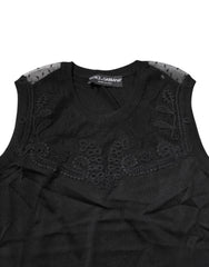 Dolce & Gabbana Black Lace Sheer Crew Neck Sleeveless Top