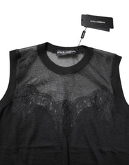 Dolce & Gabbana Black Lace Sheer Crew Neck Sleeveless Top