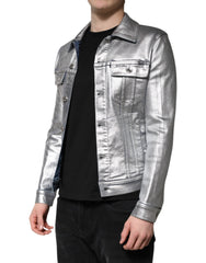Dolce & Gabbana Silver Cotton Button Down Denim Biker Jacket
