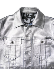 Dolce & Gabbana Silver Cotton Button Down Denim Biker Jacket