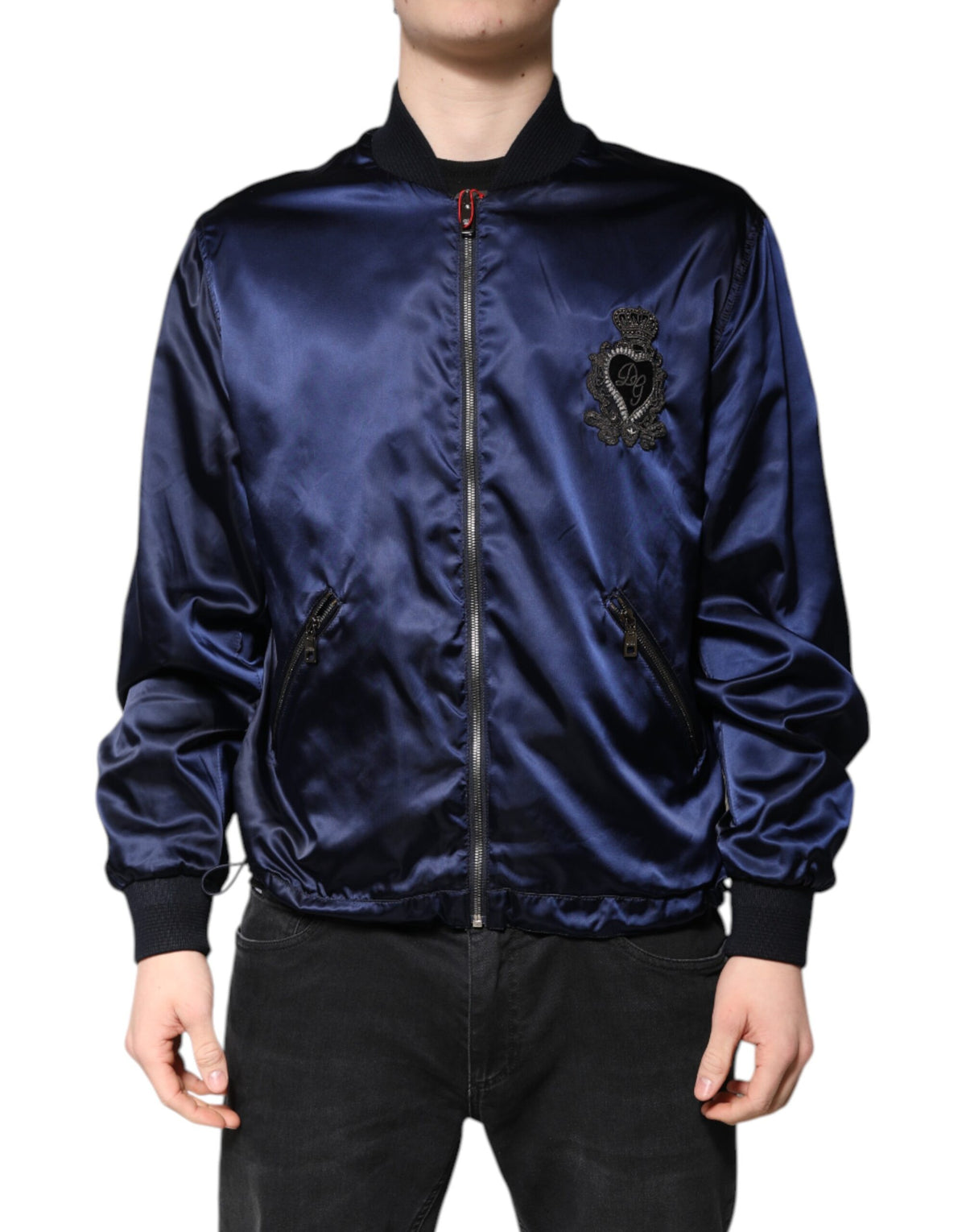 Dolce & Gabbana Blue Nylon DG Crown Full Zip Bomber Jacket