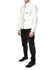 Dolce & Gabbana White Collared Full Zip Biker Coat Jacket