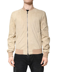 Dolce & Gabbana Beige Lambskin Full Zip Men Bomber Jacket