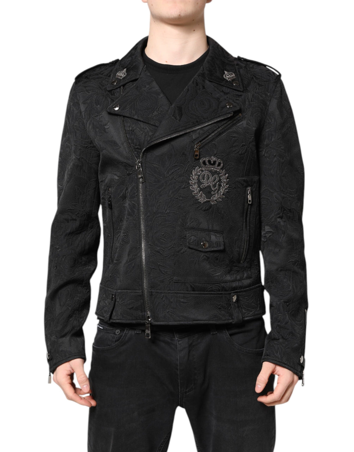 Dolce & Gabbana Black Brocade Cotton Full Zip Biker Jacket