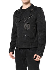 Dolce & Gabbana Black Brocade Cotton Full Zip Biker Jacket