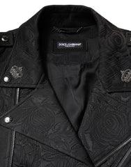Dolce & Gabbana Black Brocade Cotton Full Zip Biker Jacket