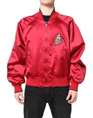 Dolce & Gabbana Red Floral Patch Full Zip Men Bomber Jacket