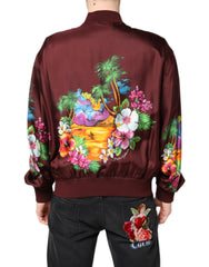 Dolce & Gabbana Maroon Floral Print Full Zip Bomber Jacket