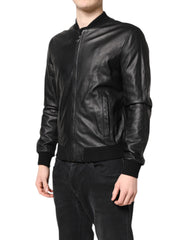 Dolce & Gabbana Black Lambskin Leather Full Zip Biker Jacket