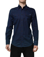 Dolce & Gabbana Blue Cotton GOLD Long Sleeves Casual Shirt