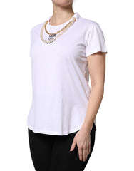 Dolce & Gabbana White Chain Pearl Cotton Round Neck T-shirt