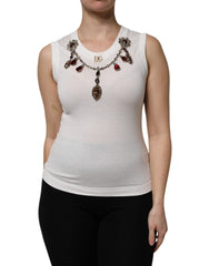 Dolce & Gabbana White Cotton Logo Crystal Detailing Tank Top