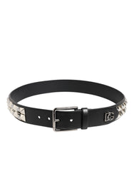 Dolce & Gabbana Black Calf Leather Studded Silver Buckle Belt