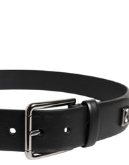 Dolce & Gabbana Black Calf Leather Studded Silver Buckle Belt