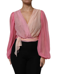 Dolce & Gabbana Pink Plunging V-neck Long Sleeves Blouse Top