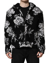 Dolce & Gabbana Black Wool Floral Printed Men Hooded Jacket