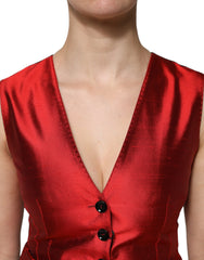 Dolce & Gabbana Red Black Button Down Sleeveless Vest Top