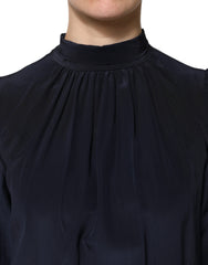 Dolce & Gabbana Blue Silk Mock Neck Long Sleeves Blouse Top