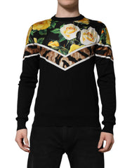 Dolce & Gabbana Black Silk Floral Crew Neck Pullover Sweater