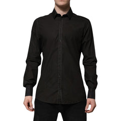 Dolce & Gabbana Black Cotton Jacquard GOLD Collar Dress Shirt